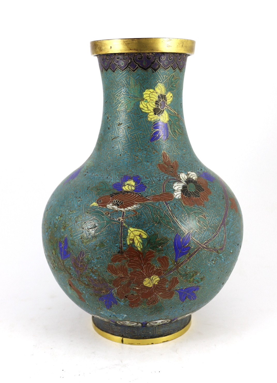 A large Chinese cloisonné enamel and gilt bronze mounted bottle vase, 18th/19th century 42.5 cm high, some losses and restoration to enamel